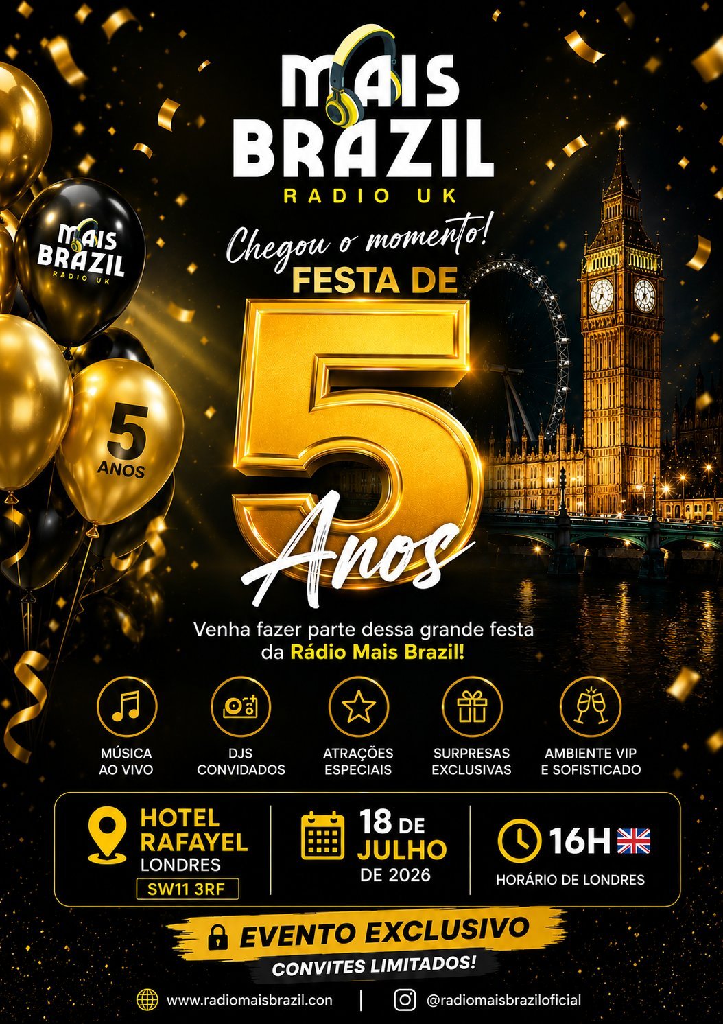 Mais Brazil Radio 5th Anniversary celebration poster with gold balloons, Big Ben, and event details in Portuguese